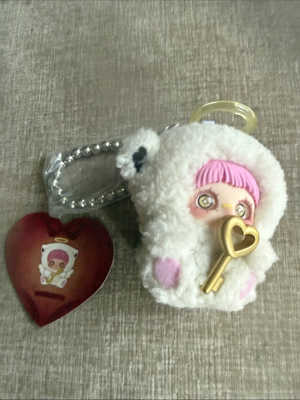 May I love you Cute Plush Angel Keychain with Pink Hair and Gold Heart Key